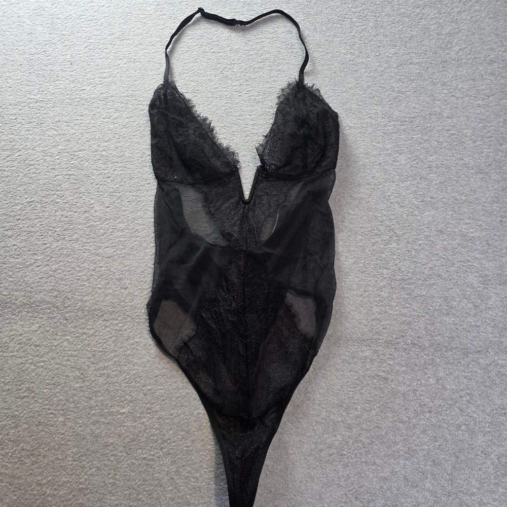 Victoria's Secret Sheer Lace Teddy Bodysuit Womens M Black Lingerie HalterPlunge